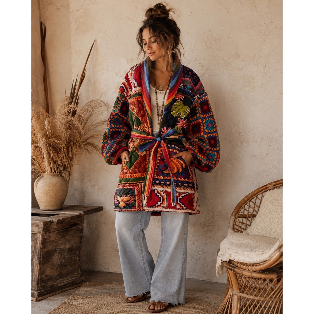 Farm Rio Patchwork Tapestry Jacket Granny Square Boho Puffer Coat Dopamine L